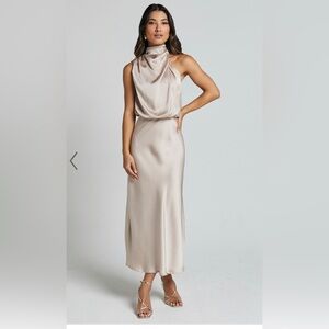 Minnie Midi Dress - Drape Neck Satin Slip Dress in Champagne